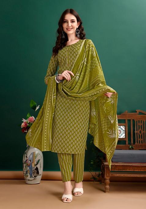 Green Embroidery Cotton Kurta Set