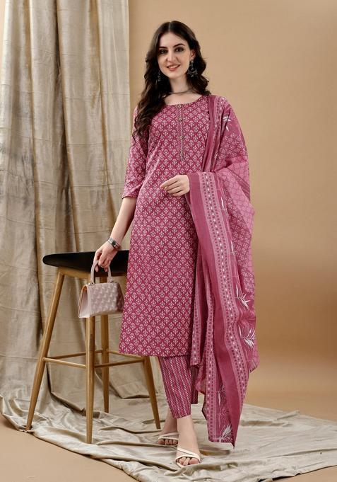 Pink Embroidery Cotton Kurta Set