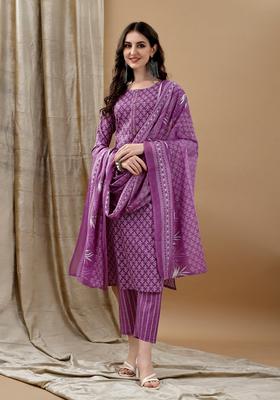 Purple Embroidery Cotton Kurta Set