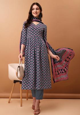 Blue Embroidery Rayon Kurta Set