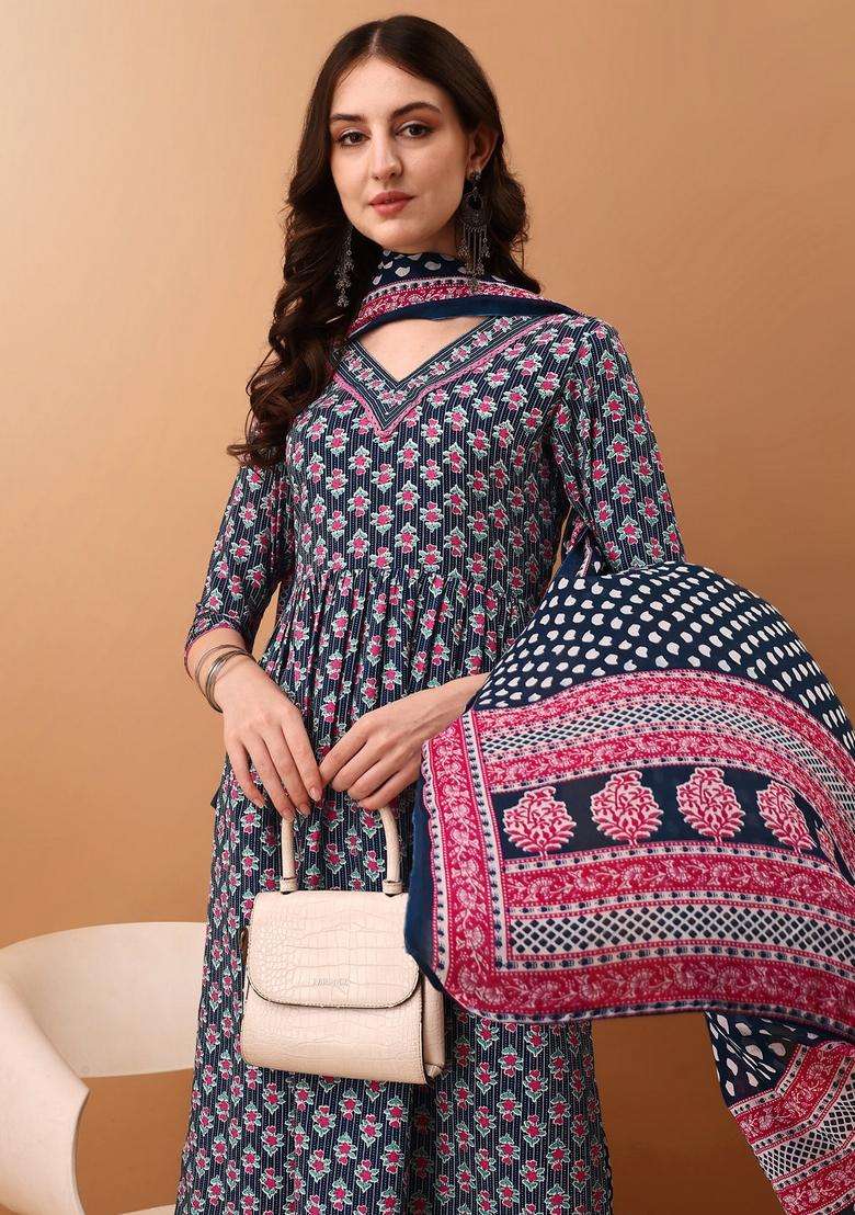 Blue Embroidery Rayon Kurta Set - Indya