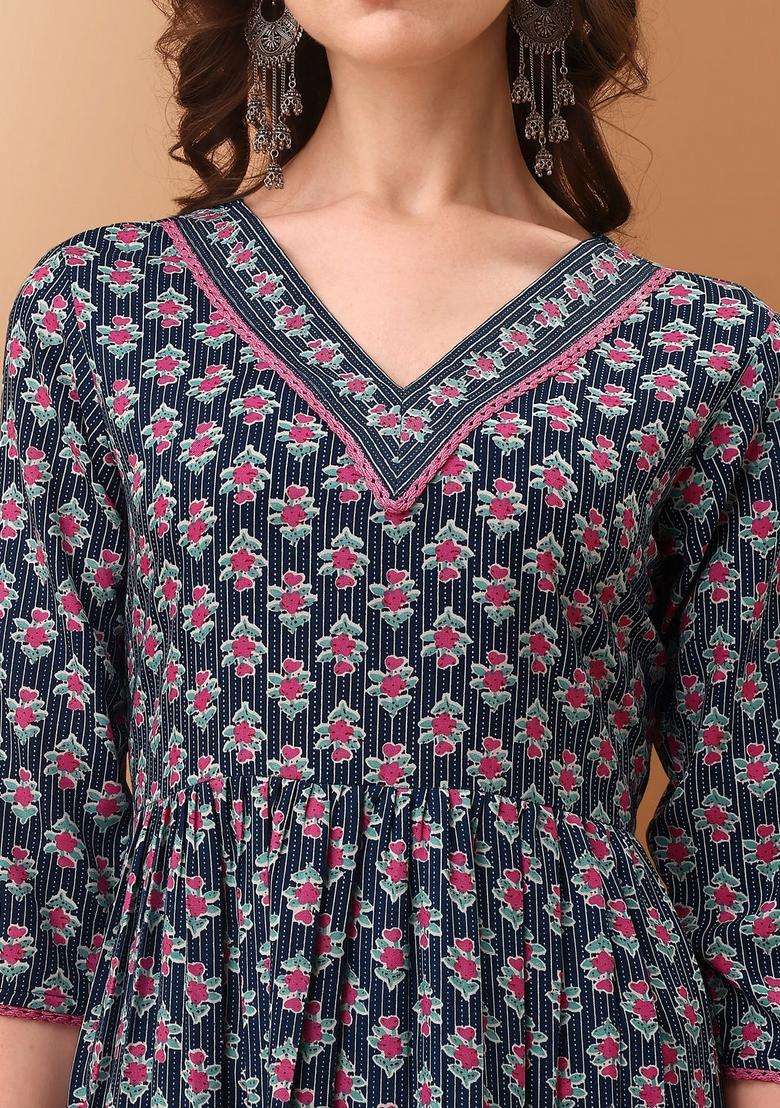 Blue Embroidery Rayon Kurta Set - Indya