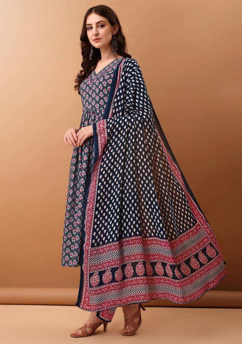 Blue Embroidery Rayon Kurta Set - Indya
