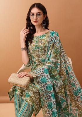 Green Embroidery Cotton Kurta Set