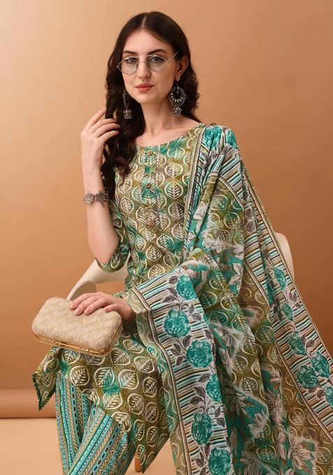 Green Embroidery Cotton Kurta Set