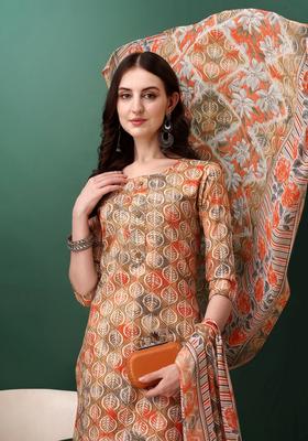Orange Embroidery Cotton Kurta Set