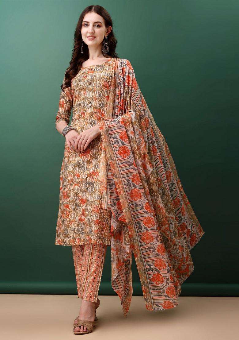 Orange Printed Cotton Straight Kurta Set - Indya