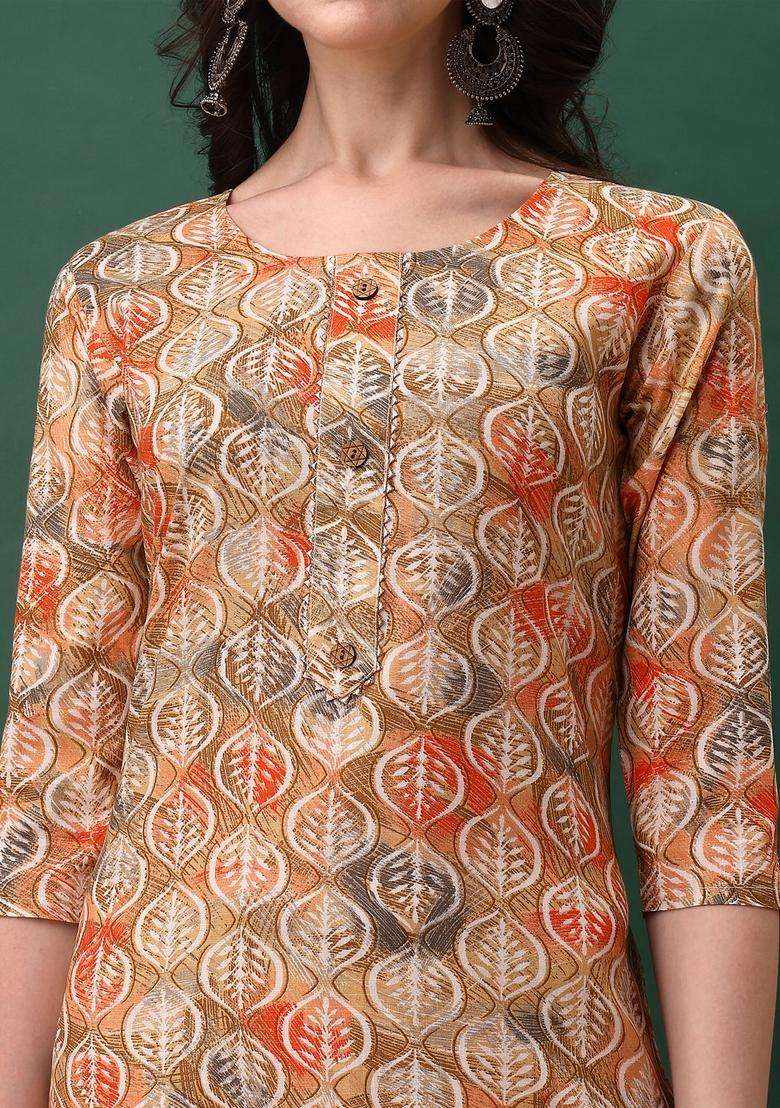 Orange Printed Cotton Straight Kurta Set - Indya