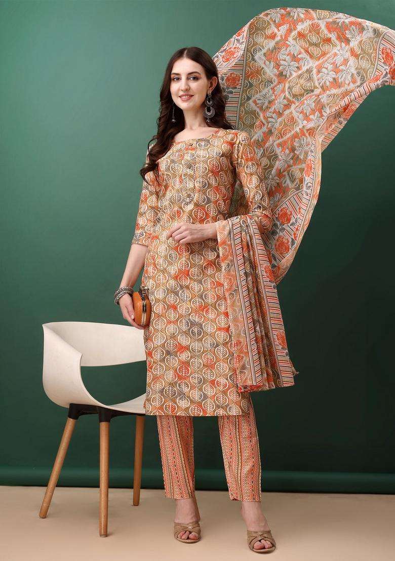 Orange Printed Cotton Straight Kurta Set - Indya