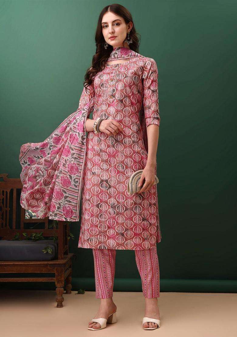 Pink Embroidery Cotton Kurta Set - Indya