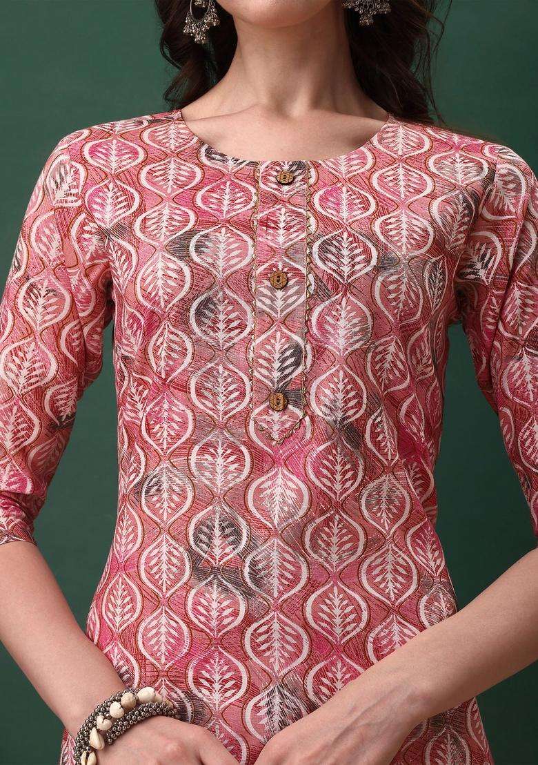 Pink Embroidery Cotton Kurta Set - Indya