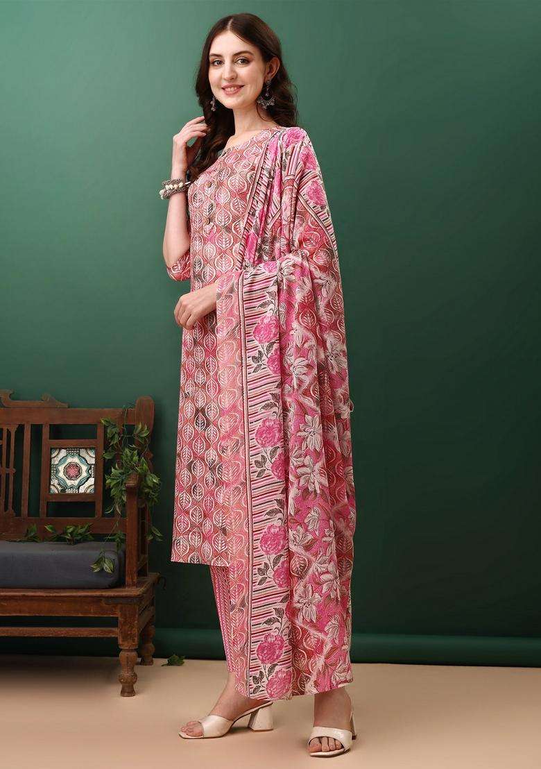 Pink Embroidery Cotton Kurta Set - Indya