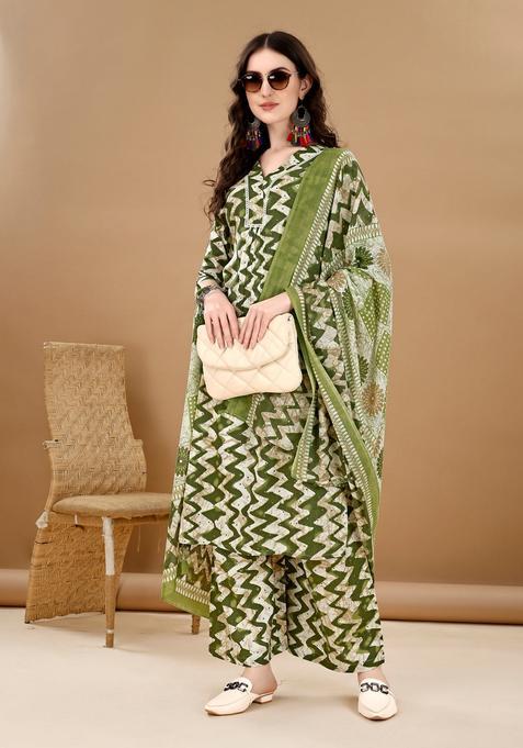Green Embroidery Cotton Kurta Set