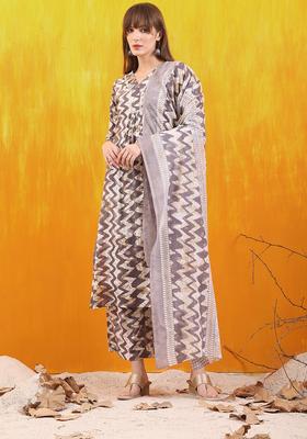 Grey Embroidery Cotton Kurta Set