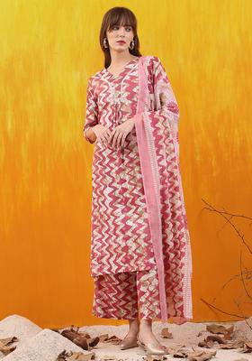 Pink Embroidery Cotton Kurta Set