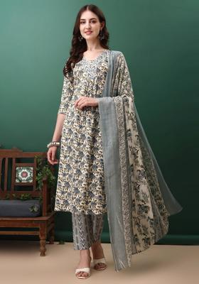 Navy Blue Embroidery Cotton Kurta Set
