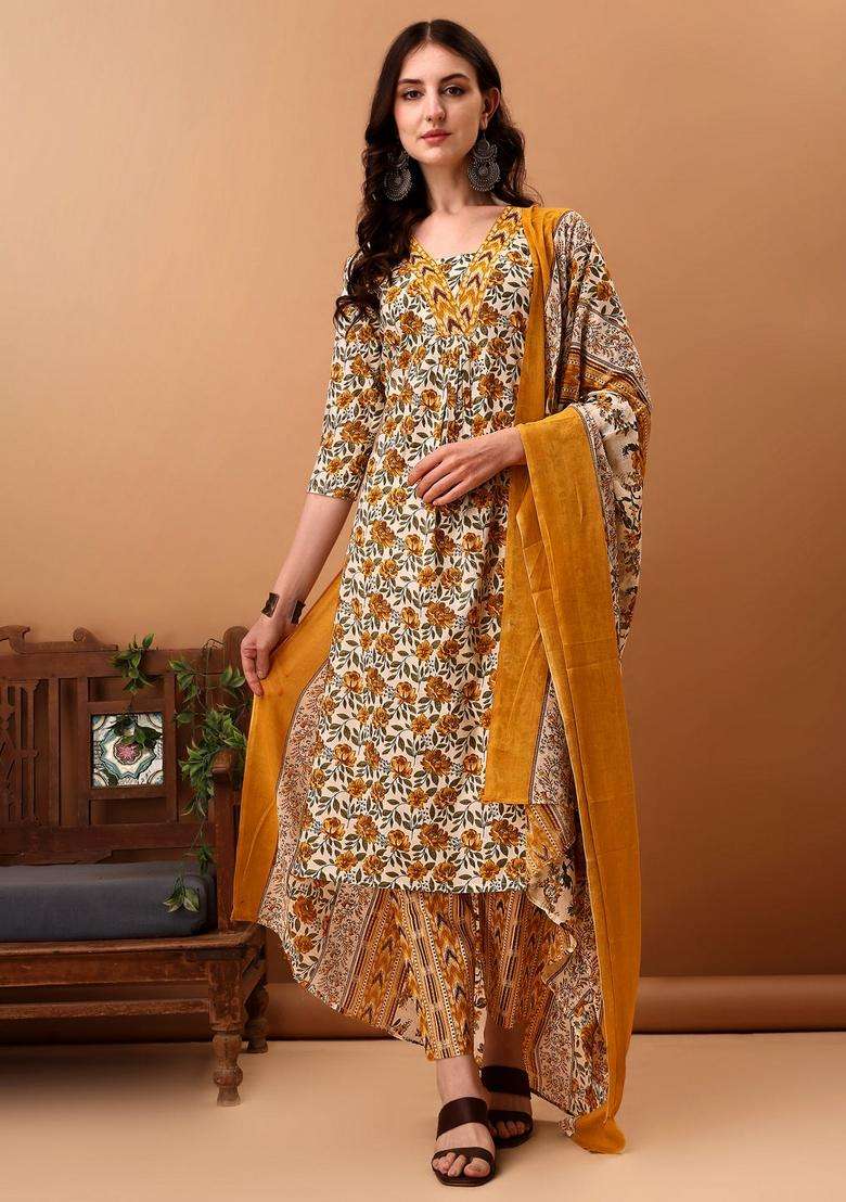Yellow Printed Cotton Straight Kurta Set - Indya