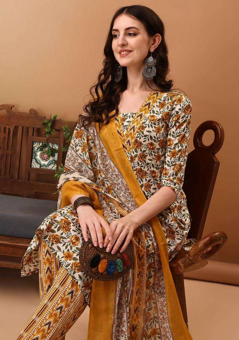 Yellow Printed Cotton Straight Kurta Set - Indya