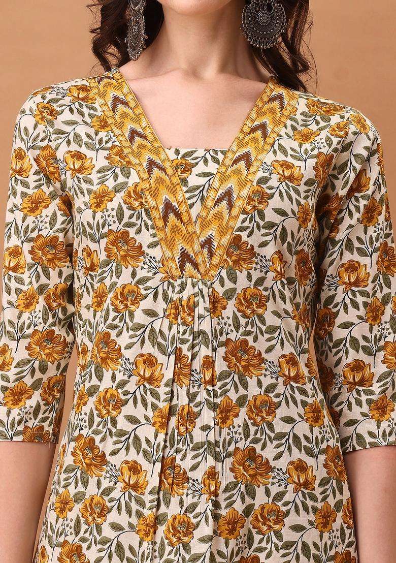 Yellow Printed Cotton Straight Kurta Set - Indya