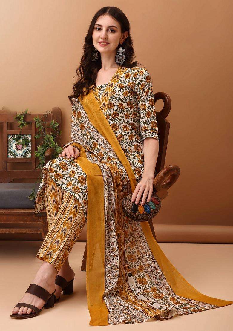 Yellow Printed Cotton Straight Kurta Set - Indya