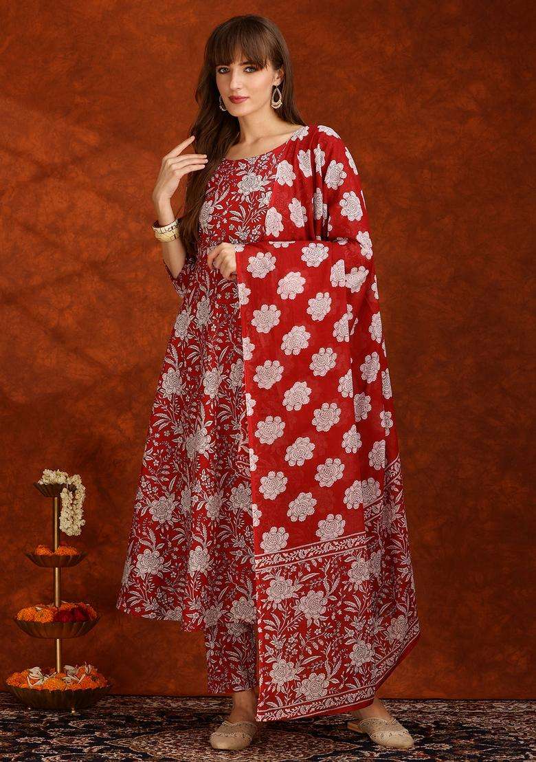 Maroon Embroidered Cotton Anarkali Set - Indya