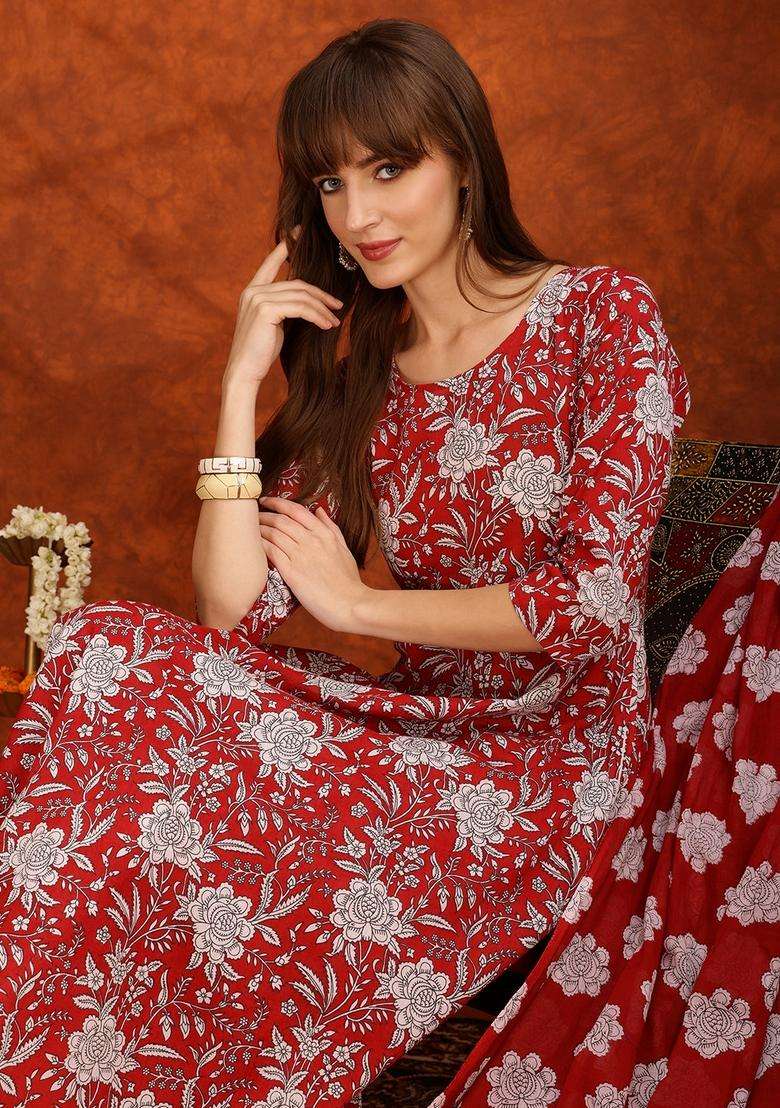 Maroon Embroidered Cotton Anarkali Set - Indya