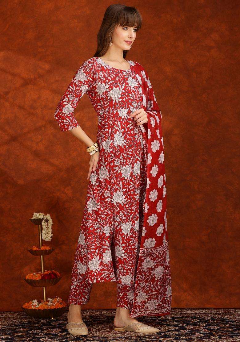 Maroon Embroidered Cotton Anarkali Set - Indya