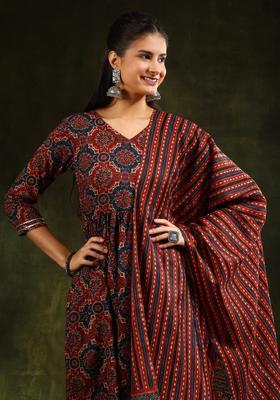 Rust Embroidery Cotton Kurta Set