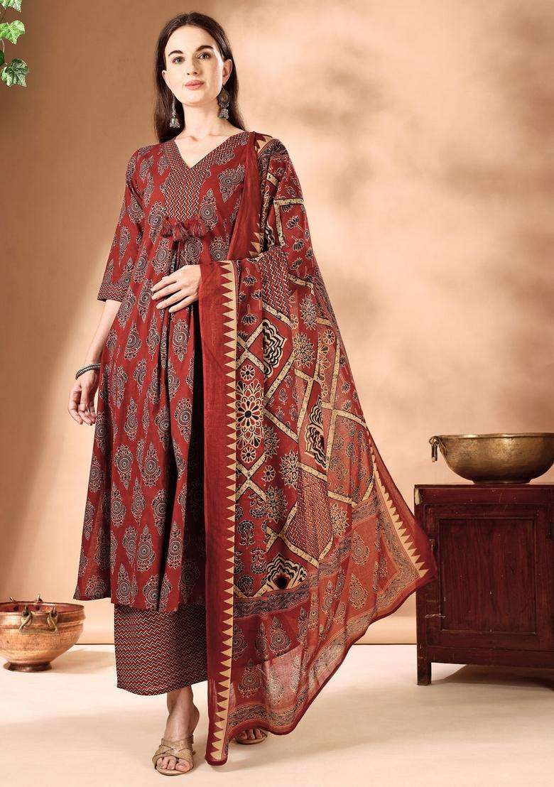 Rust Printed Rayon A Line Kurta Set - Indya