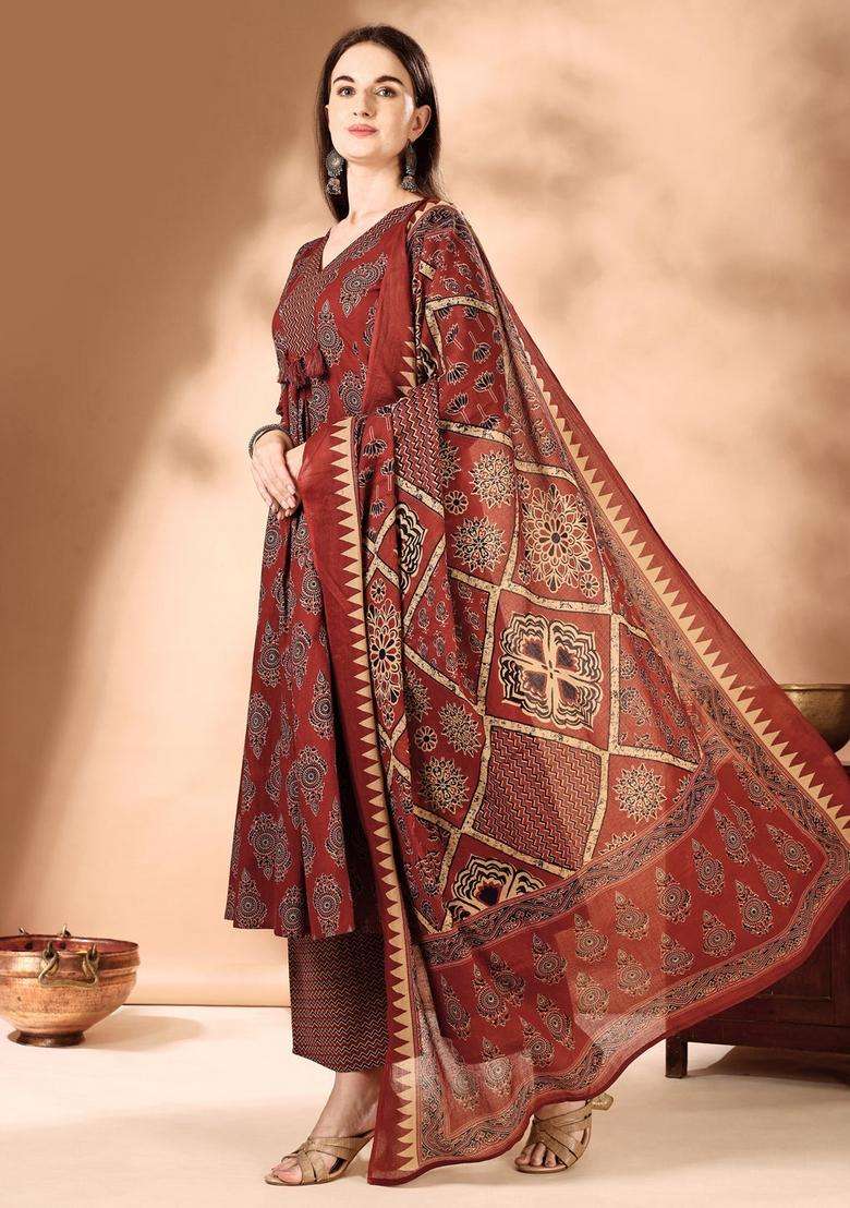 Rust Printed Rayon A Line Kurta Set - Indya