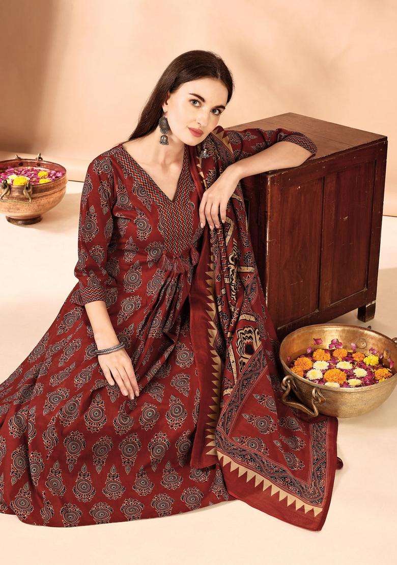 Rust Printed Rayon A Line Kurta Set - Indya