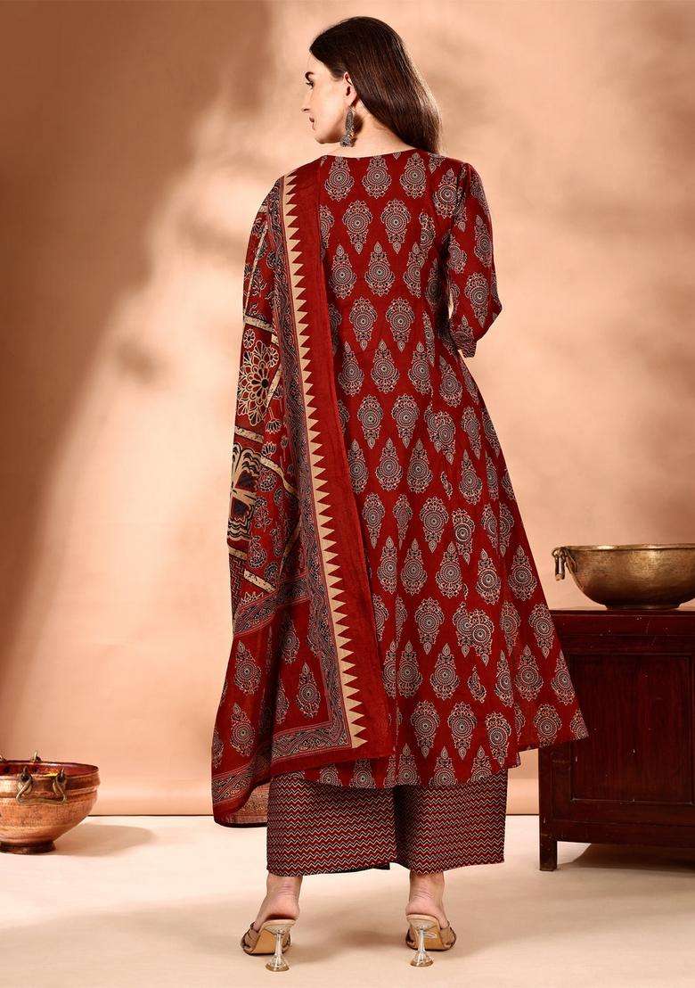 Rust Printed Rayon A Line Kurta Set - Indya