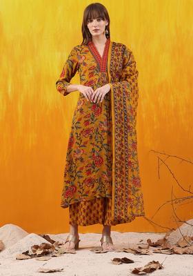 Mustard Embroidery Rayon Kurta Set