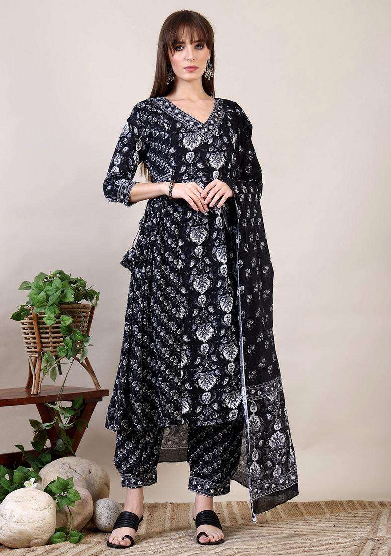 Black Printed Cotton A Line Kurta Set - Indya