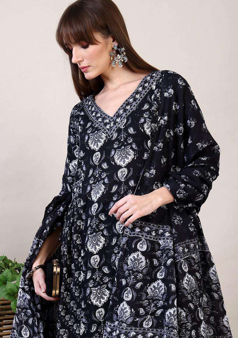 Black Printed Cotton A Line Kurta Set - Indya