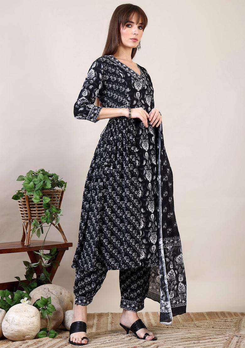 Black Printed Cotton A Line Kurta Set - Indya