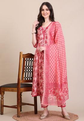 Pink Embroidery Cotton Kurta Set