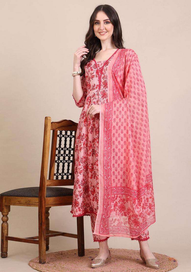 Pink Printed Cotton A Line Kurta Set - Indya