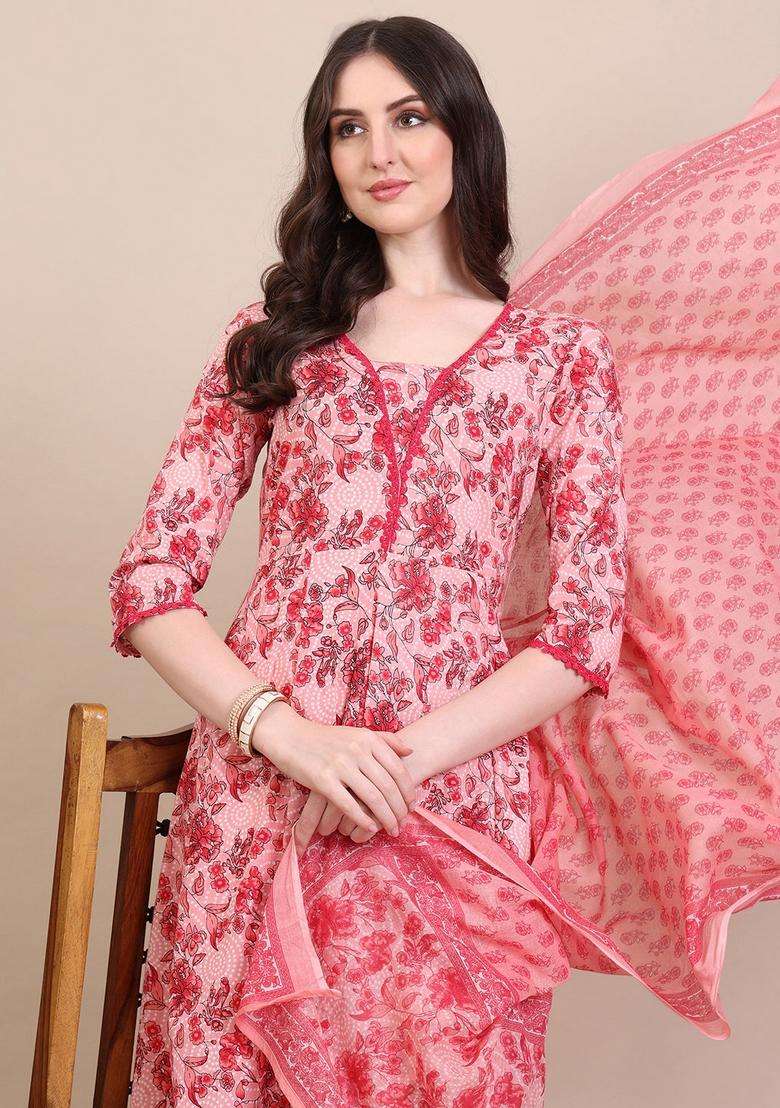 Pink Printed Cotton A Line Kurta Set - Indya