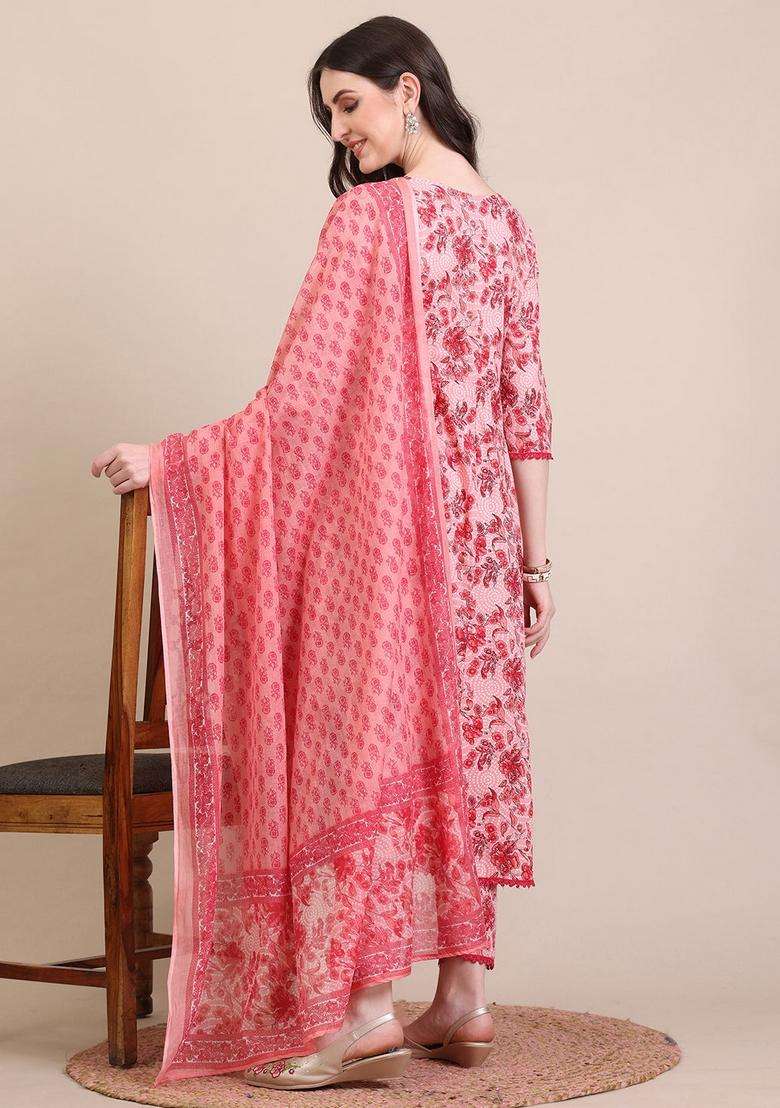 Pink Printed Cotton A Line Kurta Set - Indya