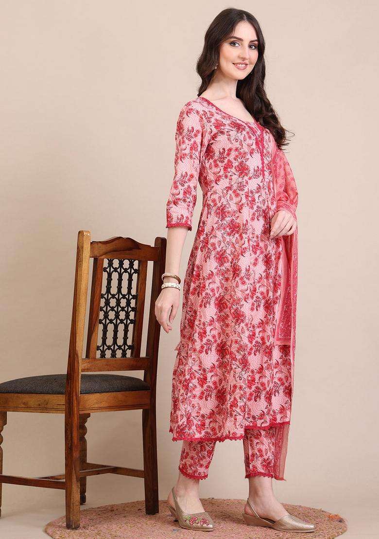 Pink Printed Cotton A Line Kurta Set - Indya