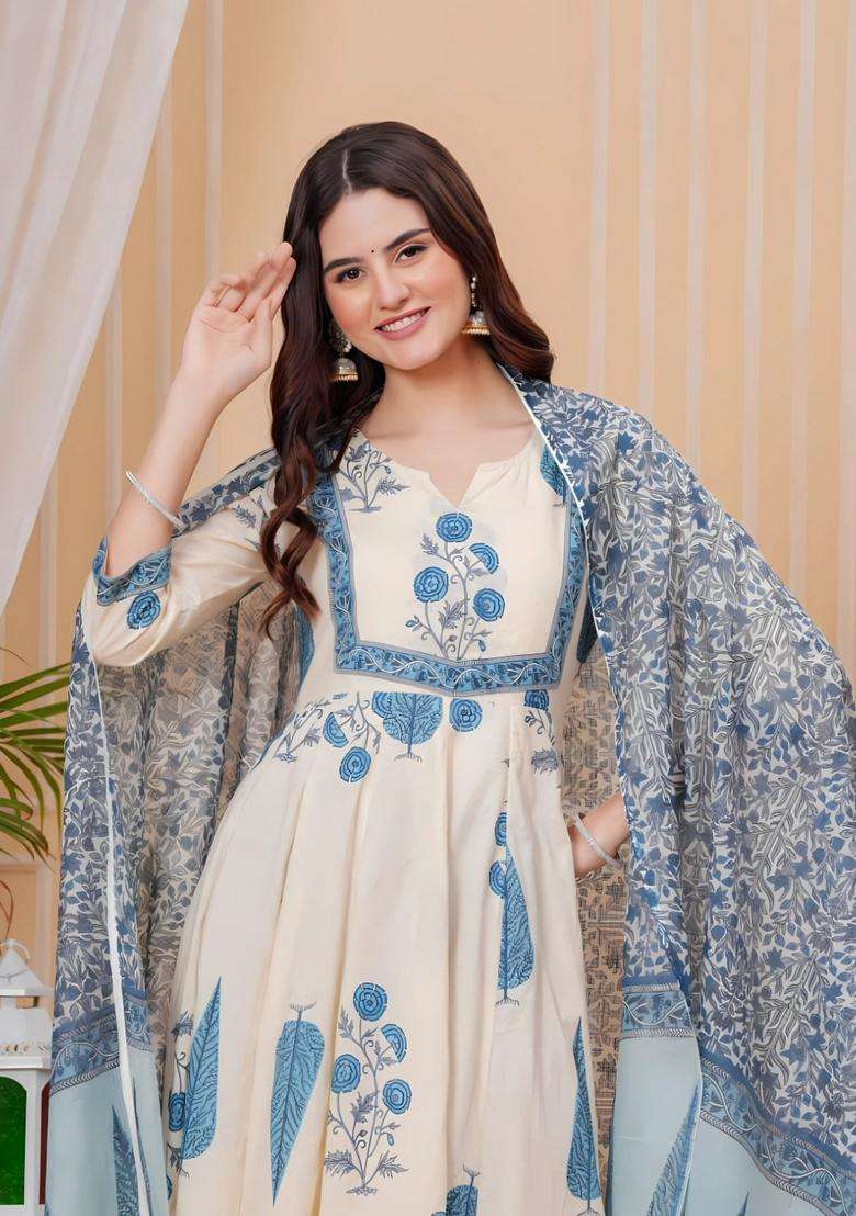 Aqua Blue Printed Cotton Anarkali Set - Indya
