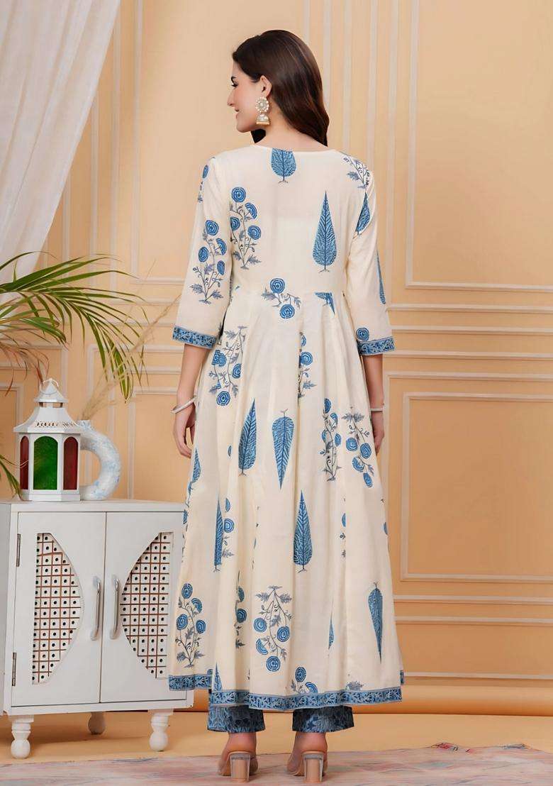Aqua Blue Printed Cotton Anarkali Set - Indya