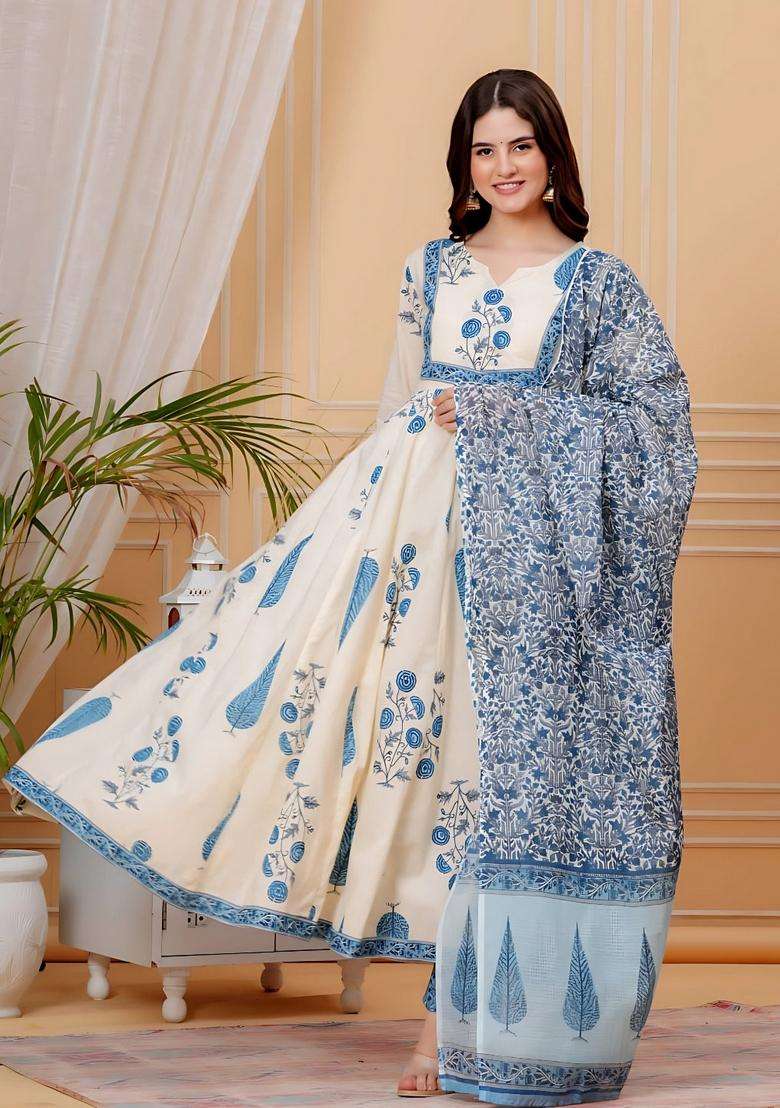 Aqua Blue Printed Cotton Anarkali Set - Indya