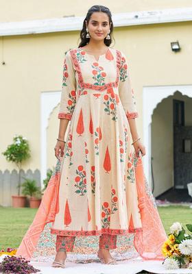 Orange Embroidery Cotton Kurta Set