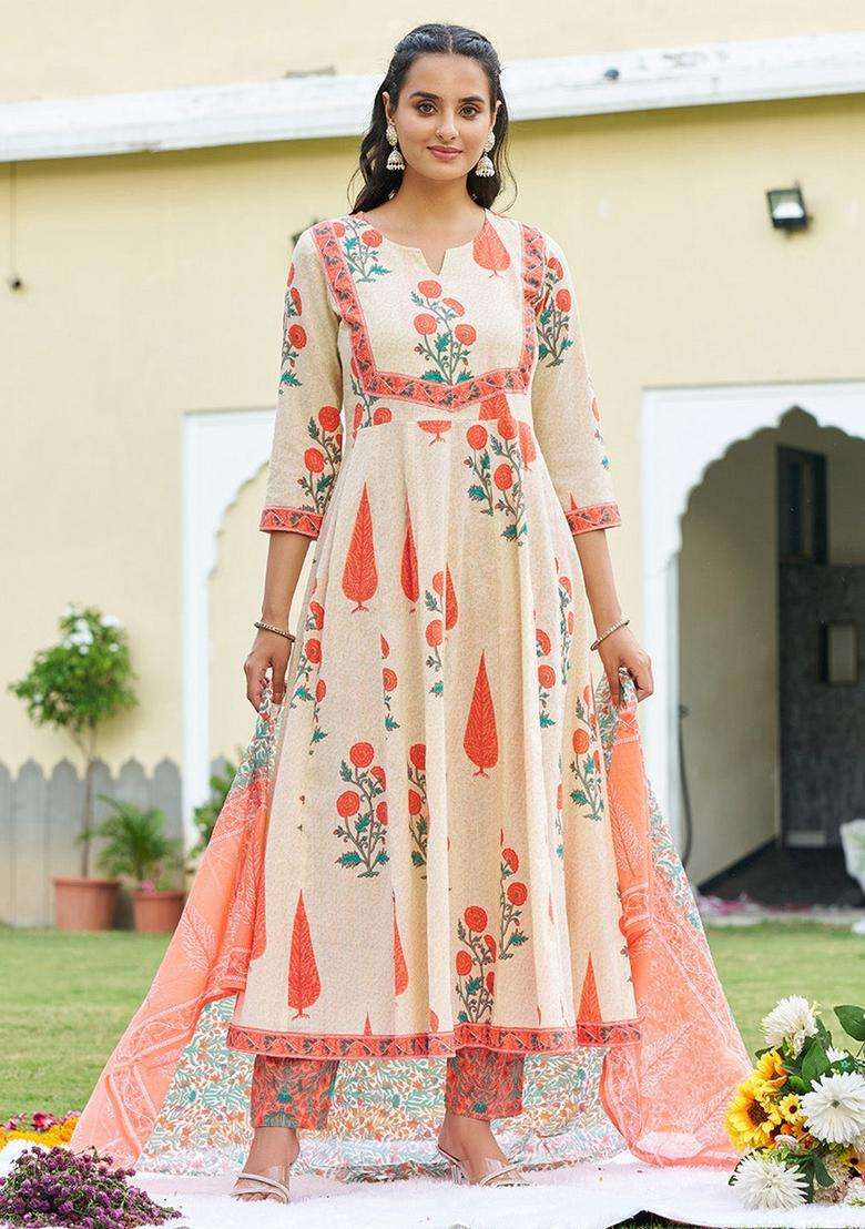Orange Printed Cotton Anarkali Set - Indya
