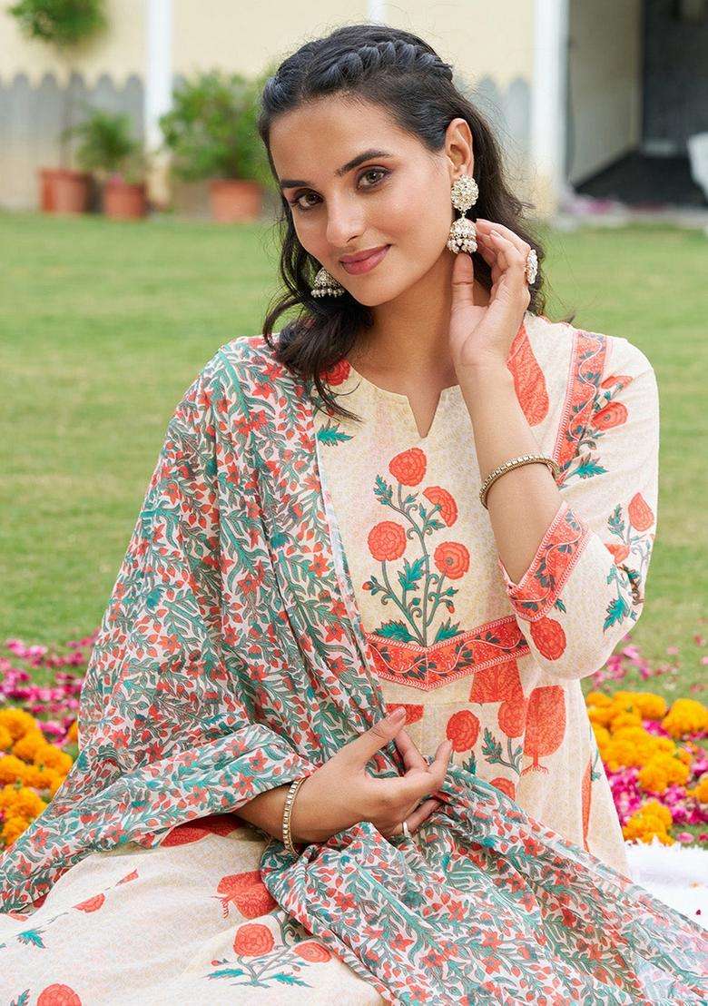 Orange Printed Cotton Anarkali Set - Indya
