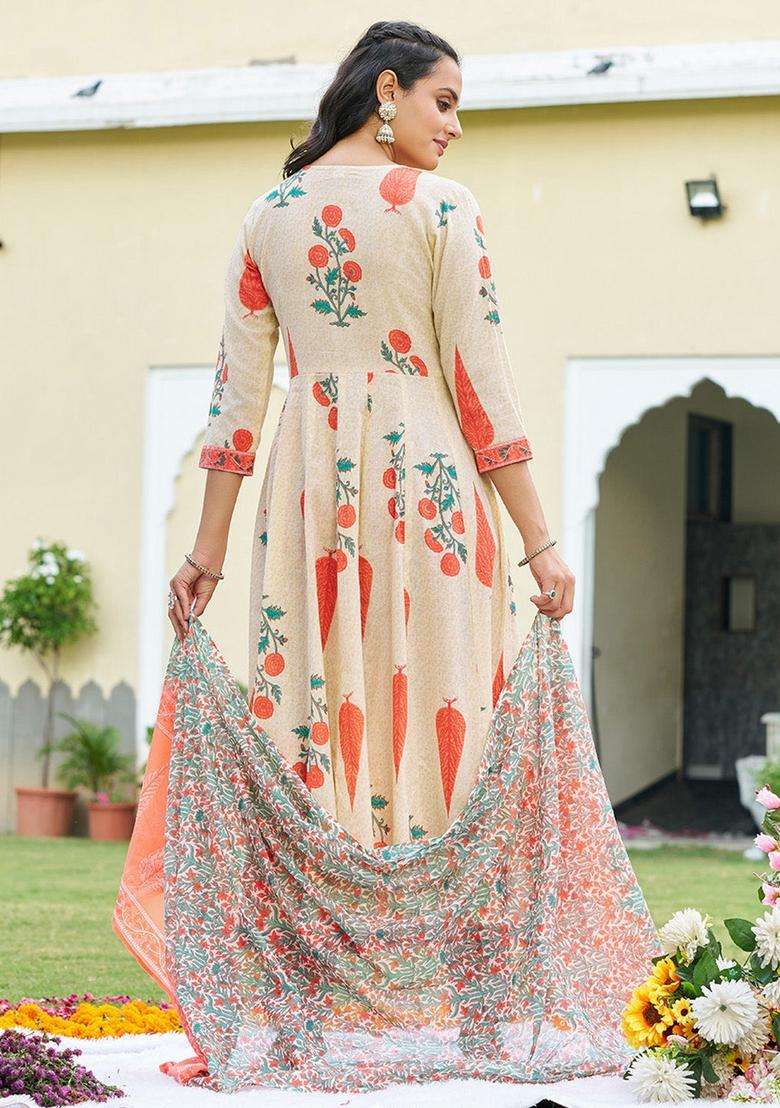 Orange Printed Cotton Anarkali Set - Indya