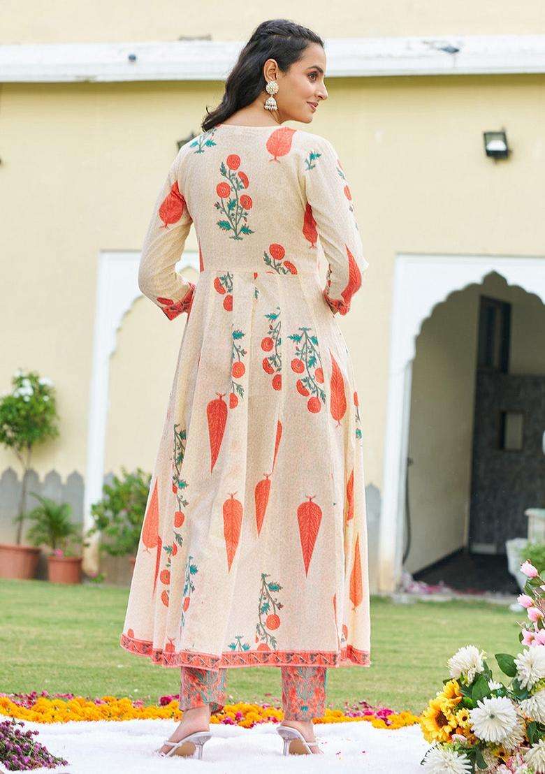Orange Printed Cotton Anarkali Set - Indya