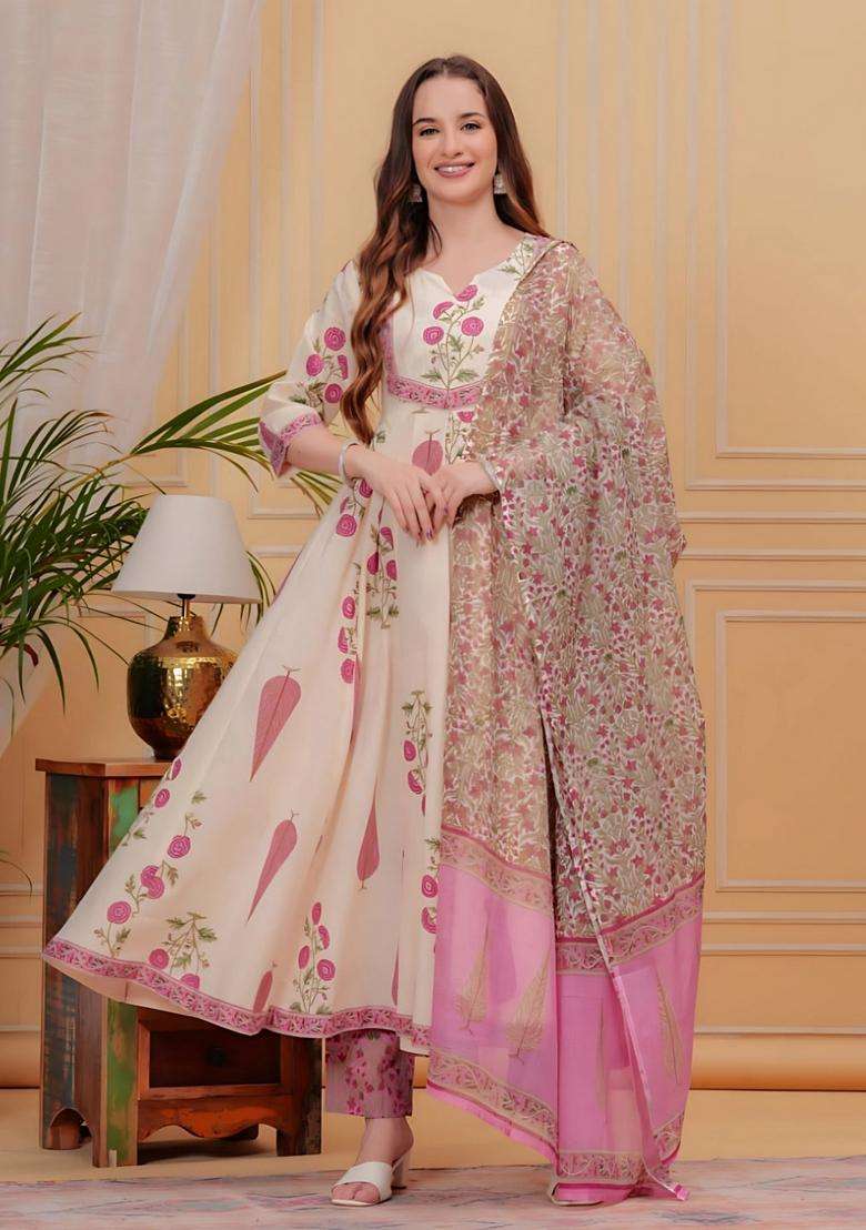 Pink Embroidered Cotton Anarkali Set - Indya